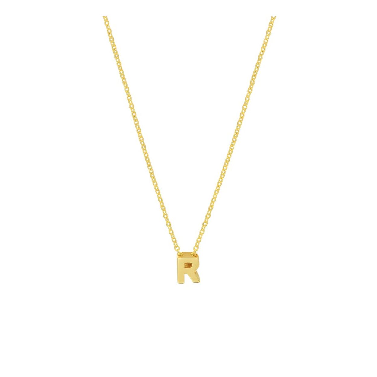14k Geelgouden anker collier uitgevoerd met de letter R. Het collier heeft draaglengtes van 41, 43 en 45cm. De letter heeft een afmeting van 5.5x4.5mm.