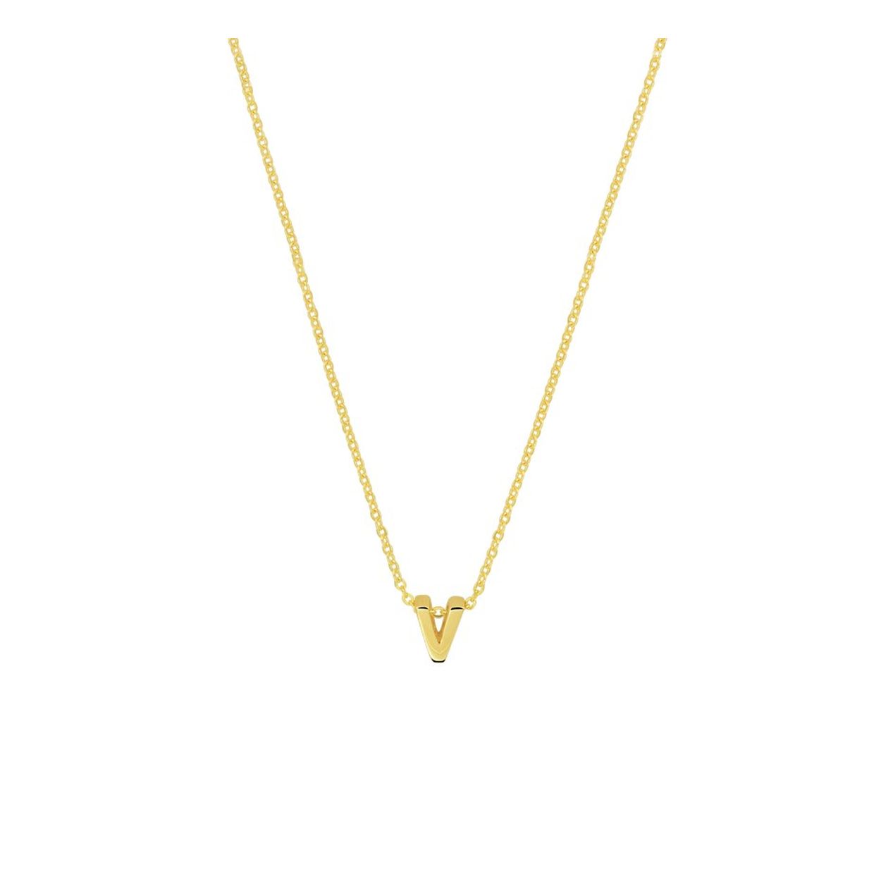 14k Geelgouden anker collier uitgevoerd met de letter V. Het collier heeft draaglengtes van 41, 43 en 45cm. De letter heeft een afmeting van 5.5x4.5mm.