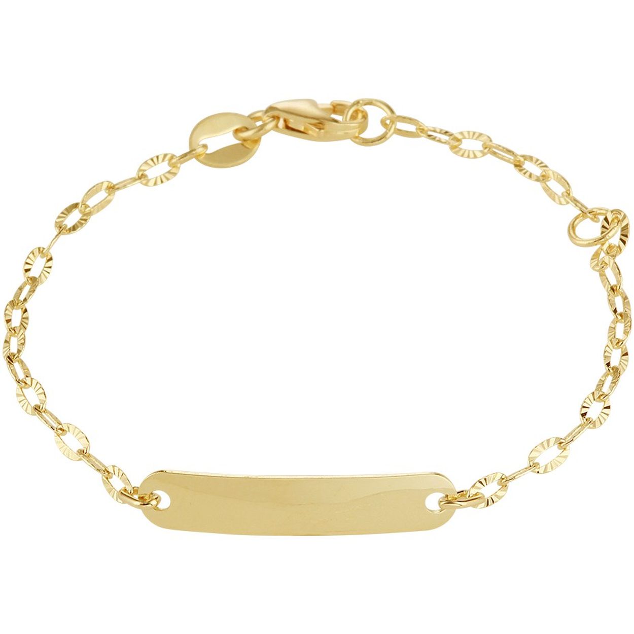 14k Geelgouden armband met graveerplaat van 4x20mm en een stevige karabijnsluiting. De armband heeft draaglengtes van 11 en 13cm.