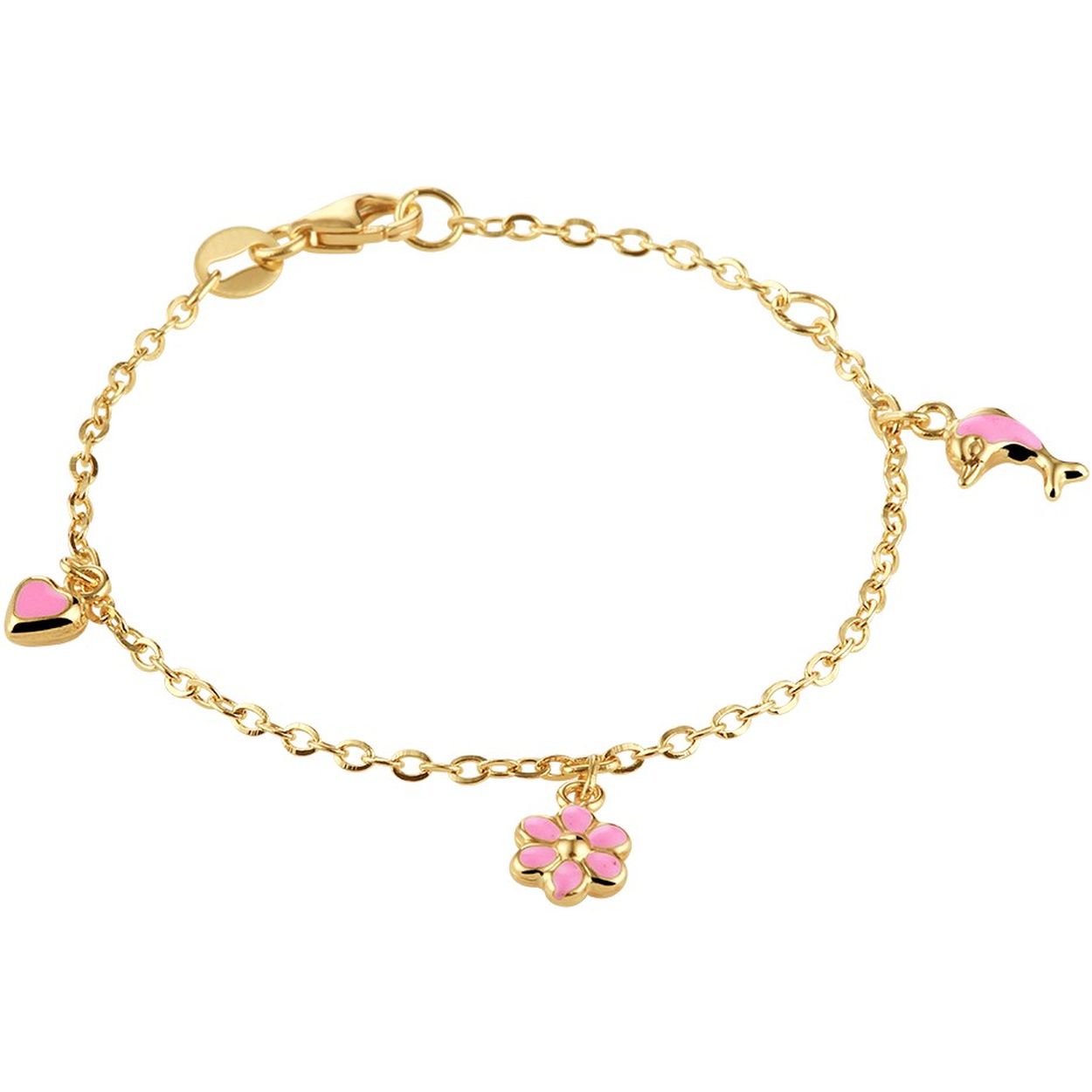 14k Geelgouden anker armband uitgevoerd met een hartje van 4.5x4.5mm, een bloem van 6x6mm en een dolfijn van 10x5mm. De armband heeft draaglengtes van 11cm en 13cm en een stevige karabijn sluiting.