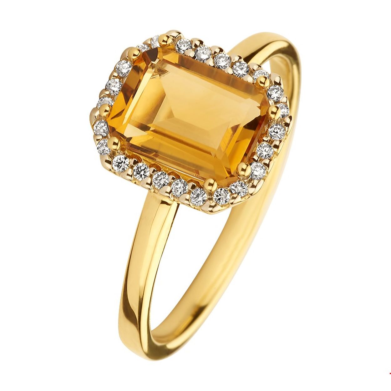 14k Geelgouden ring uitgevoerd met een schitterende diamant rij en een citrien. De ring heeft een breedte van 10.5mm.