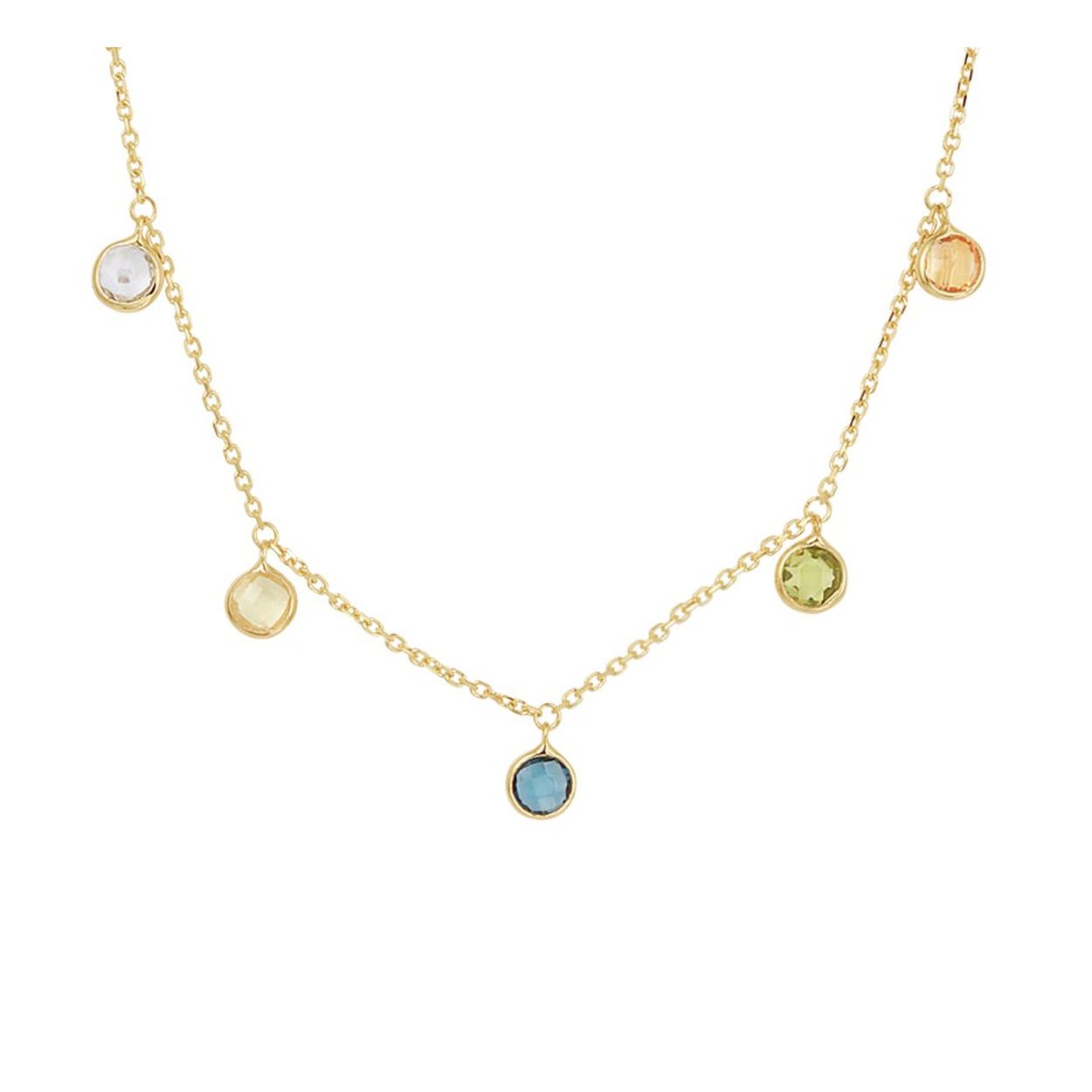 14k Geelgouden anker collier uitgevoerd met schitterende edelstenen zoals: blauw topaas, peridot, citrien, London blue topaas, amethyst, granaat, roze kwarts en lemon kwarts. Het collier heeft een karabijn sluiting en draaglengtes van 41, 43 en 45cm.