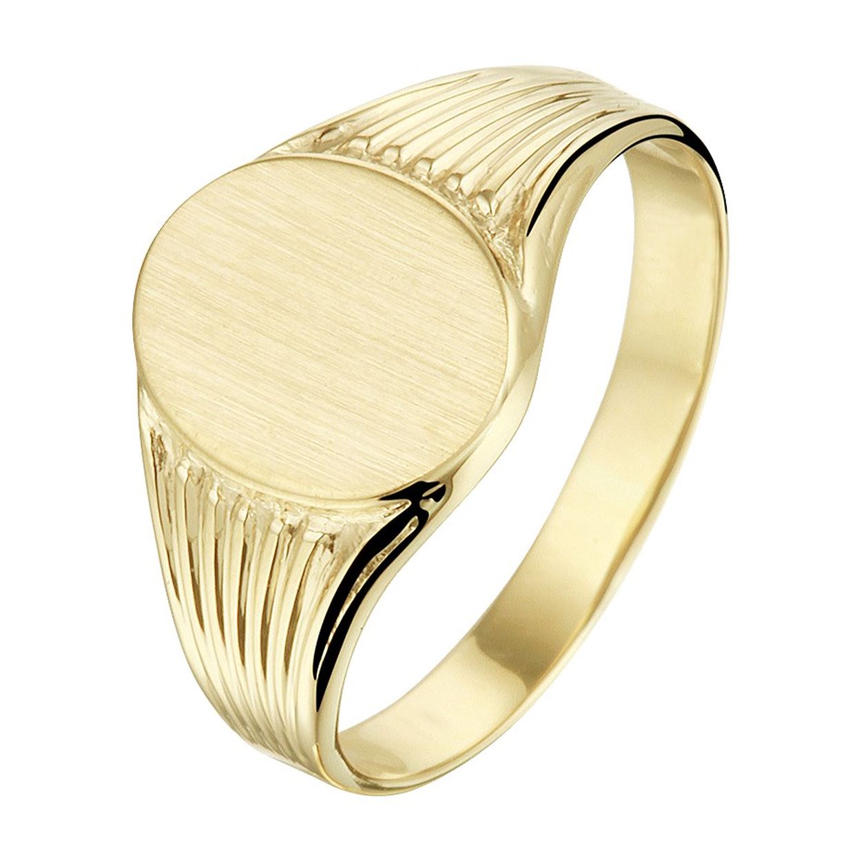 14k Geelgouden graveerring met een afmeting van 10x8mm. De ring geeft je look direct een chique uitstraling.
