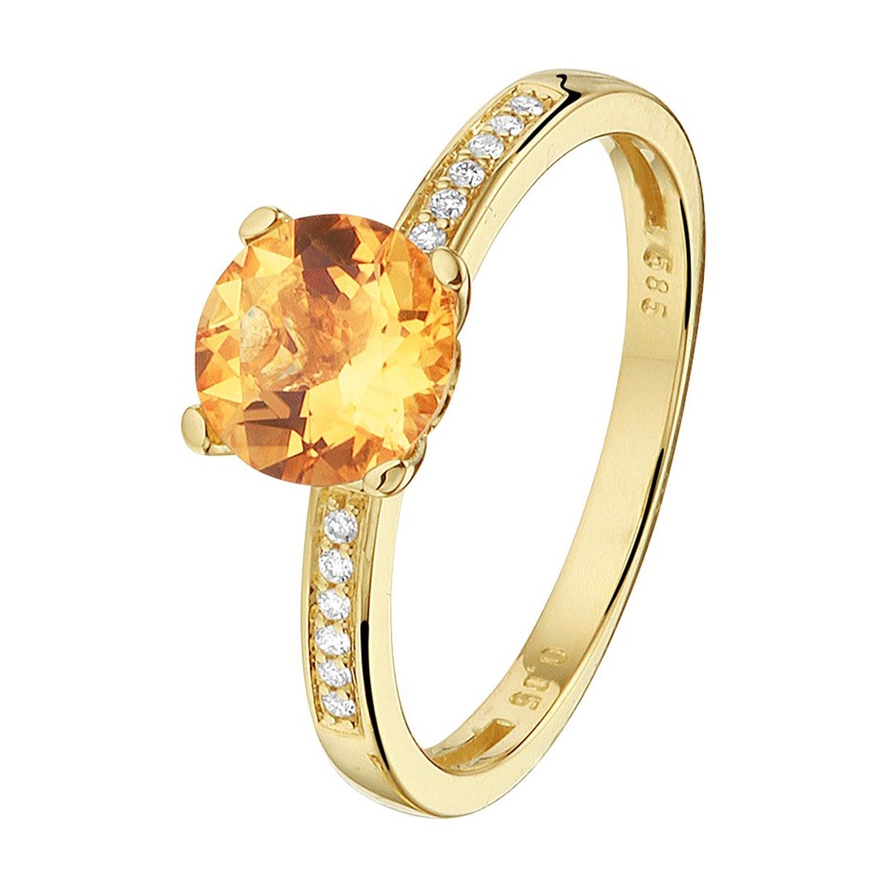 14k Geelgouden ring uitgevoerd met een schitterende diamant rij en een citrien. De ring heeft een breedte van 7mm.