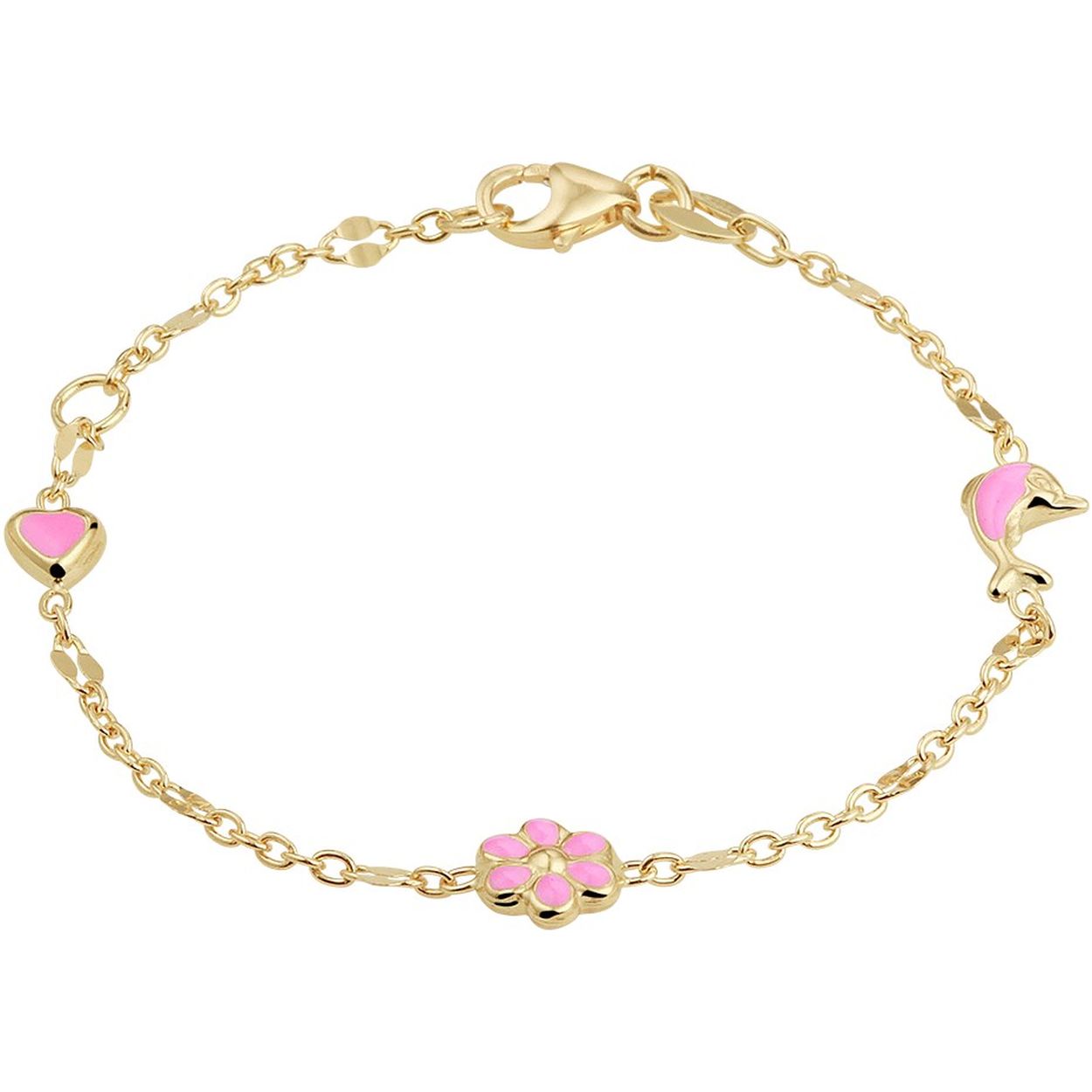 14k Geelgouden anker armband uitgevoerd met een hartje van 4x4.5mm, een dolfijn van 10.5x5mm en een bloem van 6x6mm. De armband heeft een karabijn sluiting en draaglengtes van 11 en 13cm.