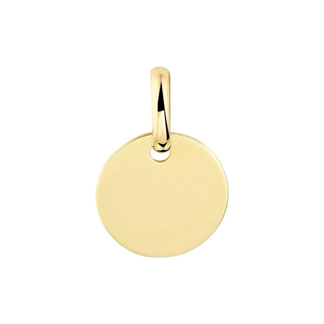 14k Geelgouden graveerhanger met een stevig hangoog. De totale hoogte van de graveerhanger is 1.5cm. Het rondje heeft een afmeting van 10mm.