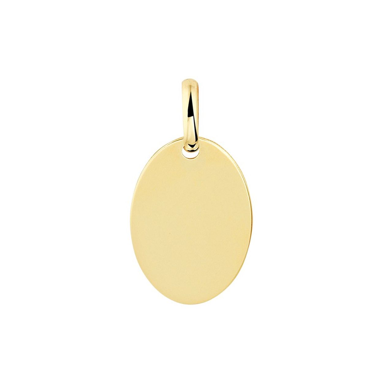 14k Geelgouden graveerhanger in de vorm van een ovaal met een afmeting van 15x10mm. De hanger heeft een totale hoogte van 20mm.