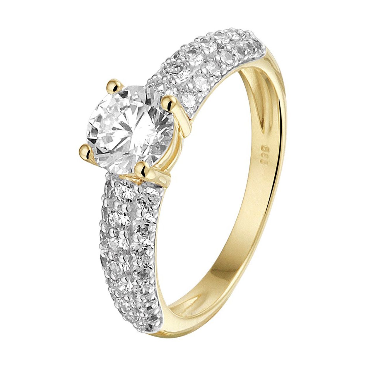 14k Geelgouden ring uitgevoerd met een schitterende zirkonia rij. De ring heeft een breedte van 6mm.