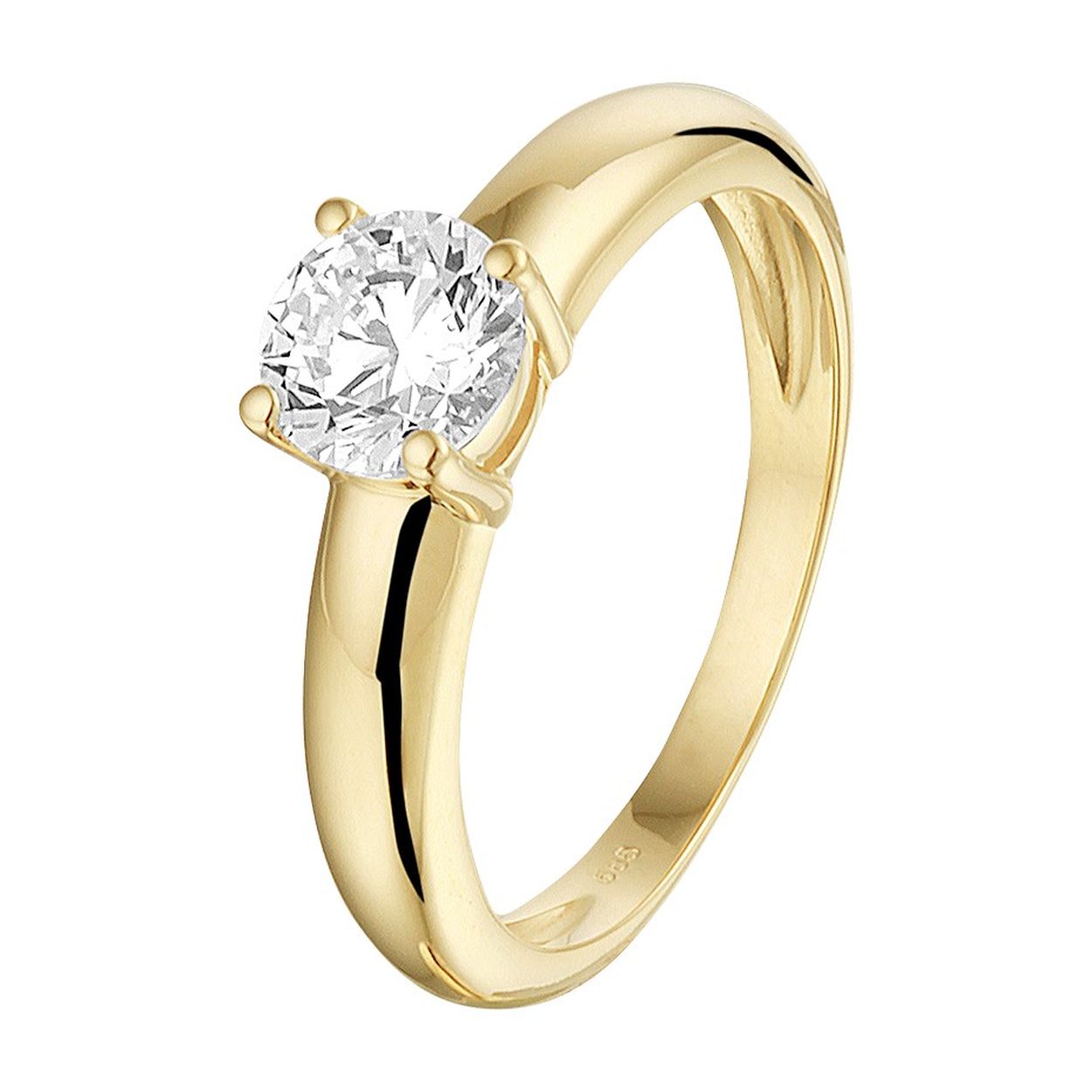14k Geelgouden ring uitgevoerd met een schitterende zirkonia. De ring heeft een breedte van 6mm.