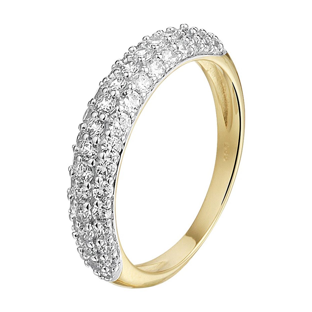 14k Geelgouden ring uitgevoerd met een schitterende zirkonia rij. De ring heeft een breedte van 4.5mm.