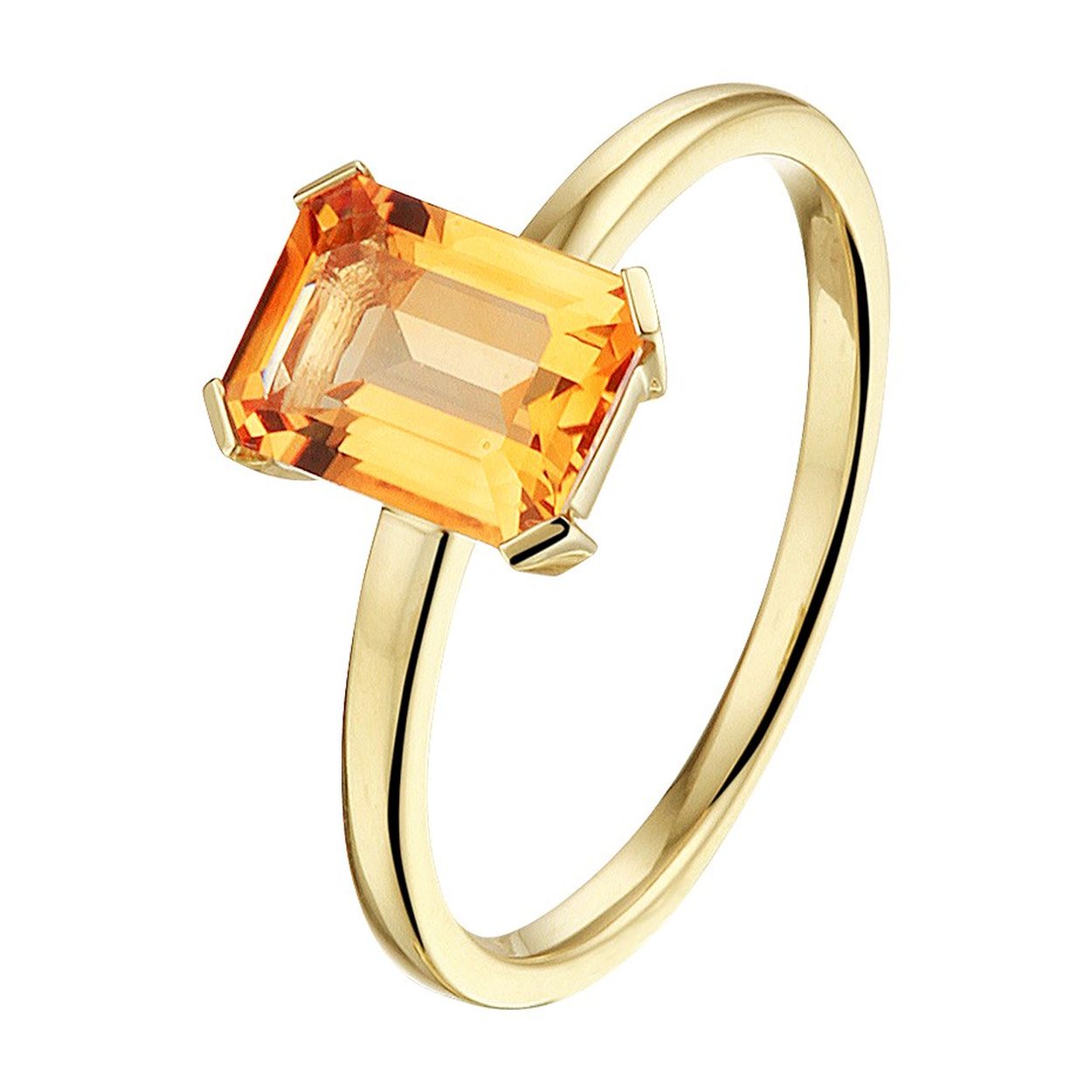 14k Geelgouden ring uitgevoerd met een schitterende citrien. De ring heeft een breedte van 8,5mm. De citrien heeft een afmeting van 8x6mm.