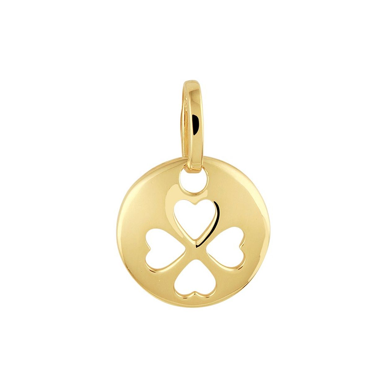 14k Geelgouden ronde hanger uitgevoerd met een klavertje. De hanger heeft een totale hoogte van 1.8cm en een breedte van 11.5mm.