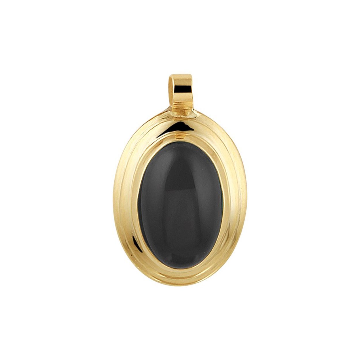 Klassieke 14k geelgouden hanger uitgevoerd met een schitterende onyx. De hanger heeft een afmeting van 19x12mm.