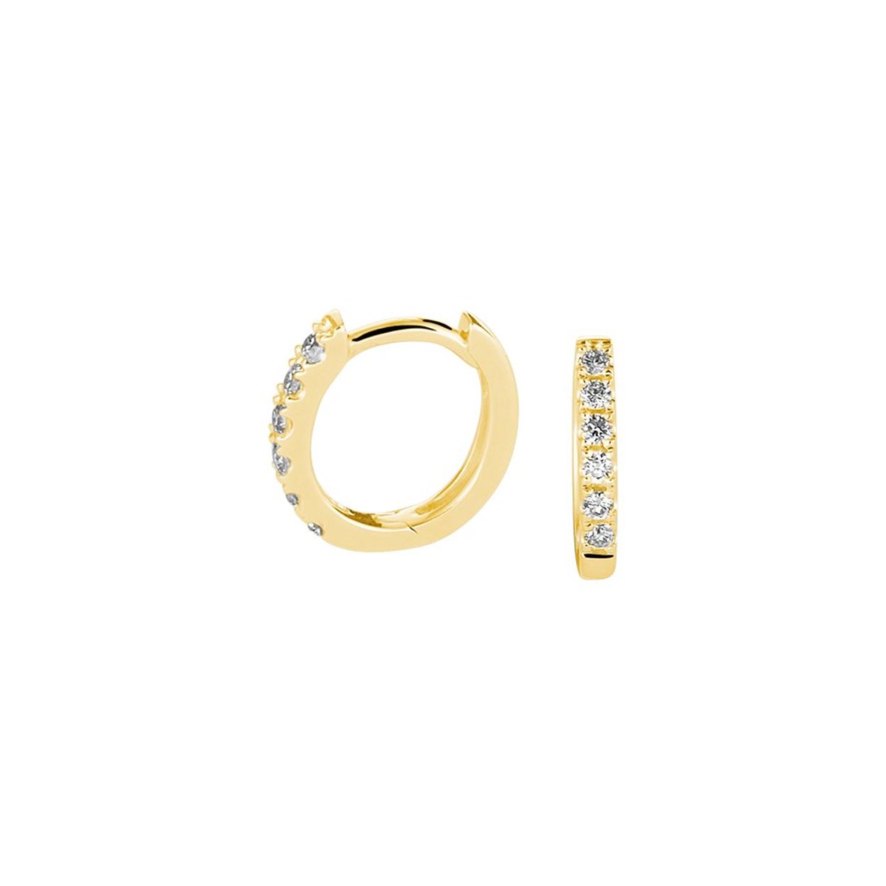 14k Geelgouden klapoorringen met een stevig scharnier uitgevoerd met een schitterende diamant rij. De oorringen hebben een afmeting van 9x1.5mm.