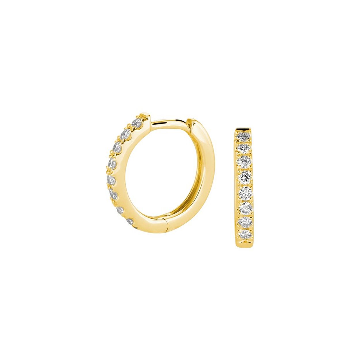 14k Geelgouden klapoorringen met een stevig scharnier uitgevoerd met een schitterende diamant rij. De oorringen hebben een afmeting van 11x1.5mm.