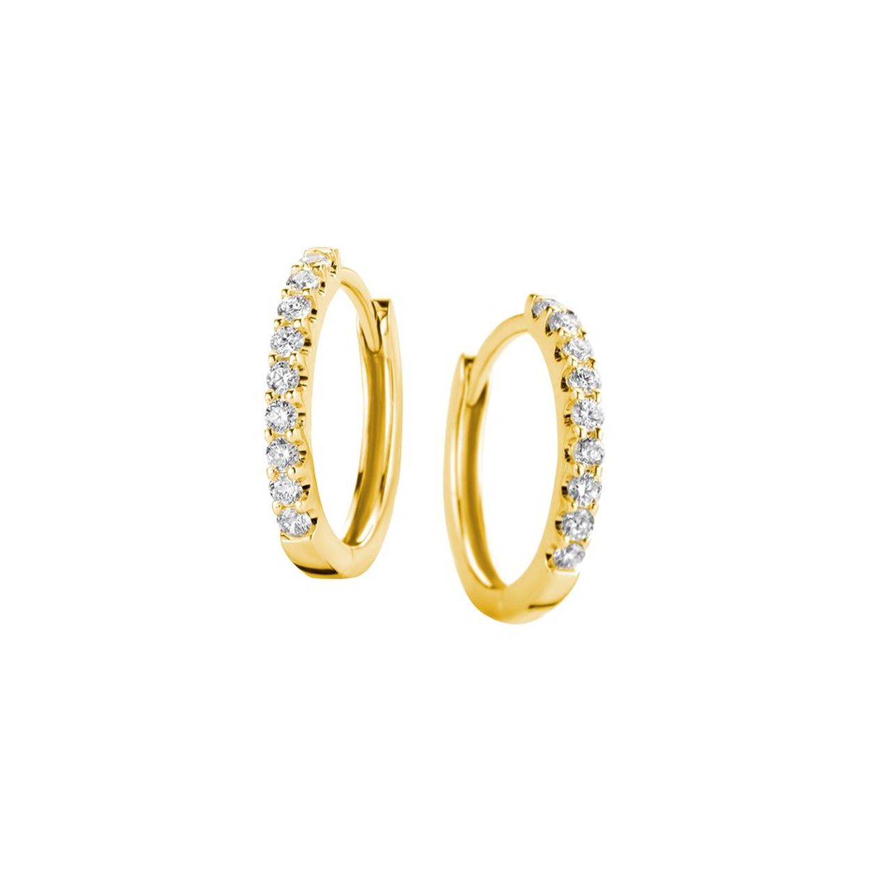 14k Geelgouden klapoorringen met een stevig scharnier uitgevoerd met een schitterende diamant rij. De oorringen hebben een afmeting van 12.5x1.5mm.