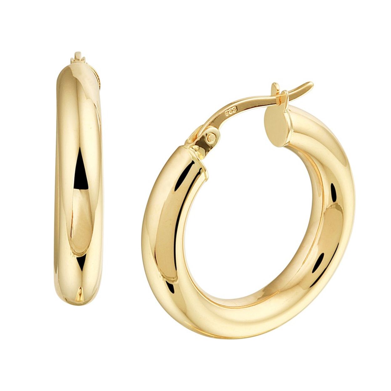 14k Geelgouden oorringen uitgevoerd met een stevige scharnier sluiting. De oorringen hebben een diameter van 21mm.