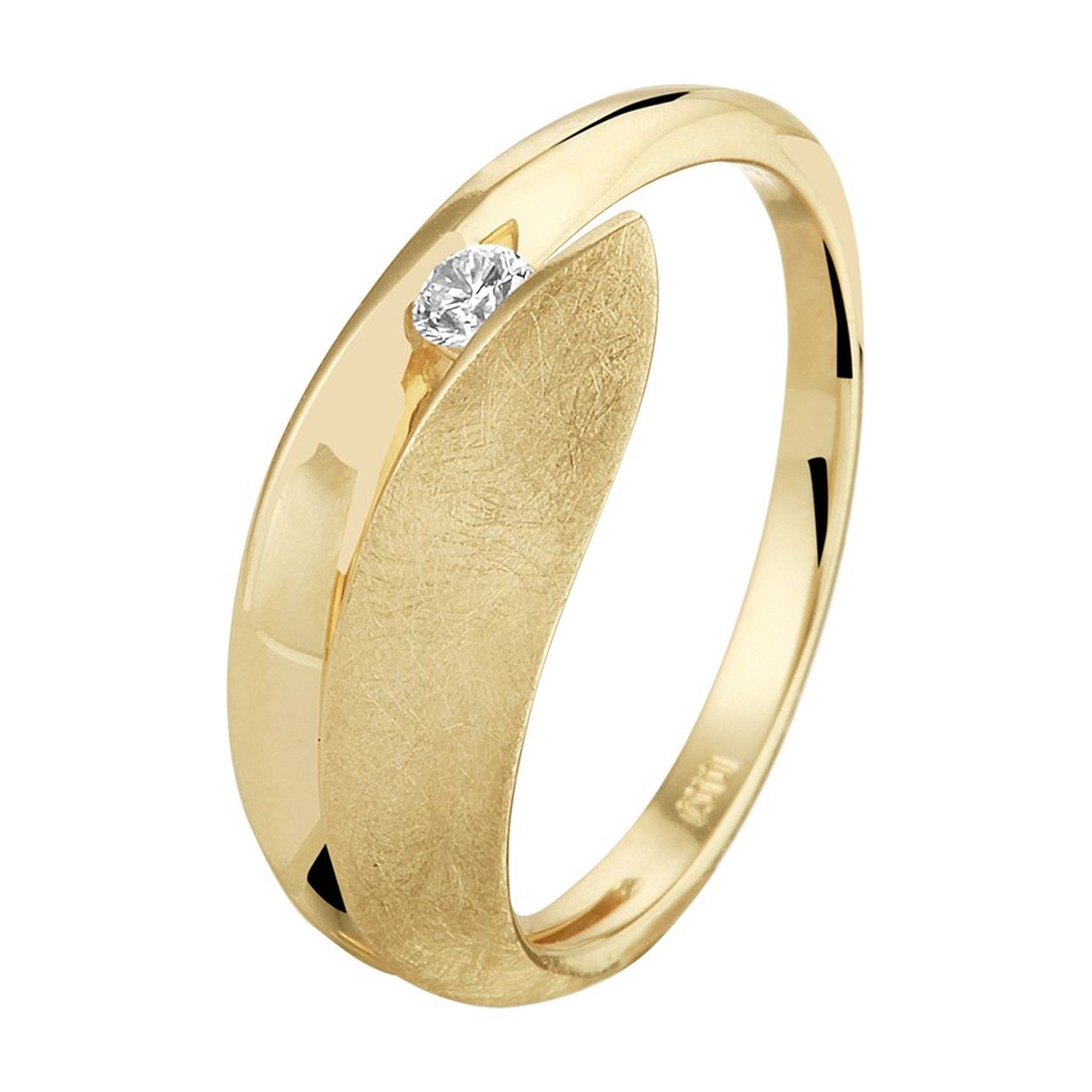 Prachtige 14krt gouden ring met diamant, 0,07crt H Si. De ring is deels gematteerd wat een mooie uitstraling geeft. De maat van de ring is 55 (17,5). Heeft u een andere ringmaat, neem dan gerust contact met ons op.

Tevens leverbaar bijpassende hanger en oorsieraden.

Referentienummer: THOJ0290