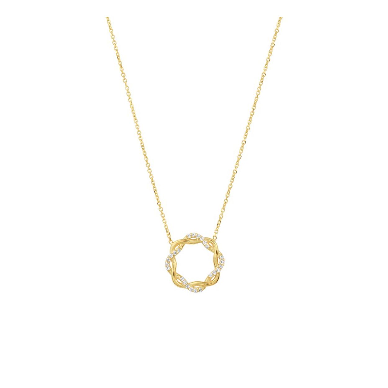14k Geelgouden collier uitgevoerd met een rond gevlochten hanger en een schitterende zirkonia rij. Het collier heeft draaglengtes van 40 en 42cm. De hanger heeft een diameter van 11.5mm.