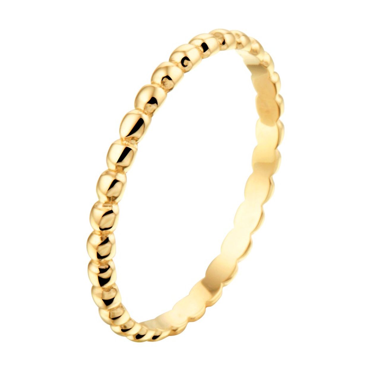 14k Geelgouden aanschuifring uitgevoerd met platte bolletjes. De ring heeft een breedte van 2mm.
