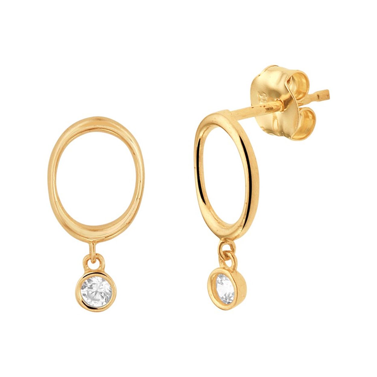 14k Geelgouden oorhangers met een open rondje en een heldere zirkonia. De oorhangers hebben een totale hoogte van 12mm.