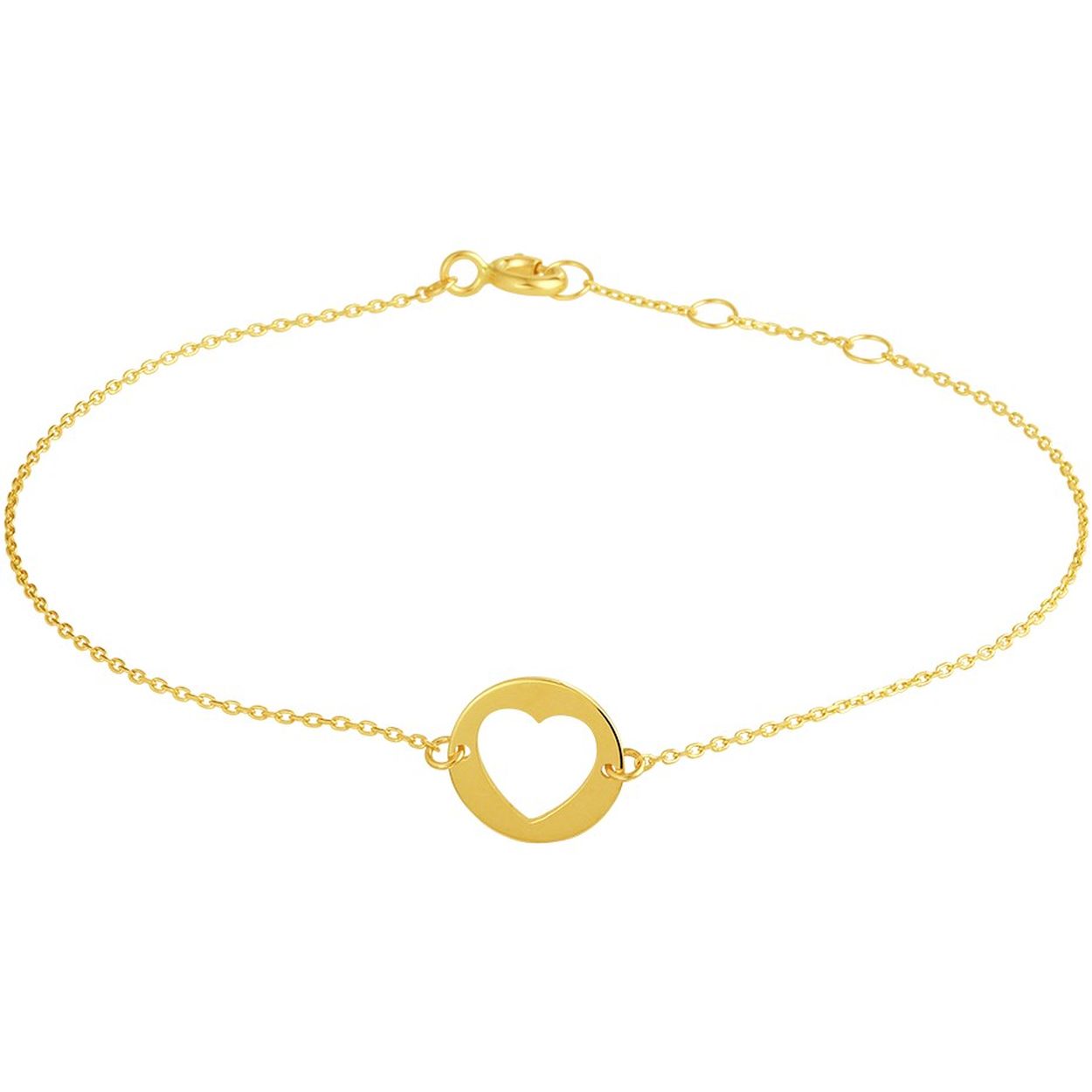 14k Geelgouden armband uitgevoerd met een rondje met daarin een open hartje. De armband heeft draaglengtes van 16.5, 17.5 en 18.5cm. Het rondje heeft een diameter van 10mm.