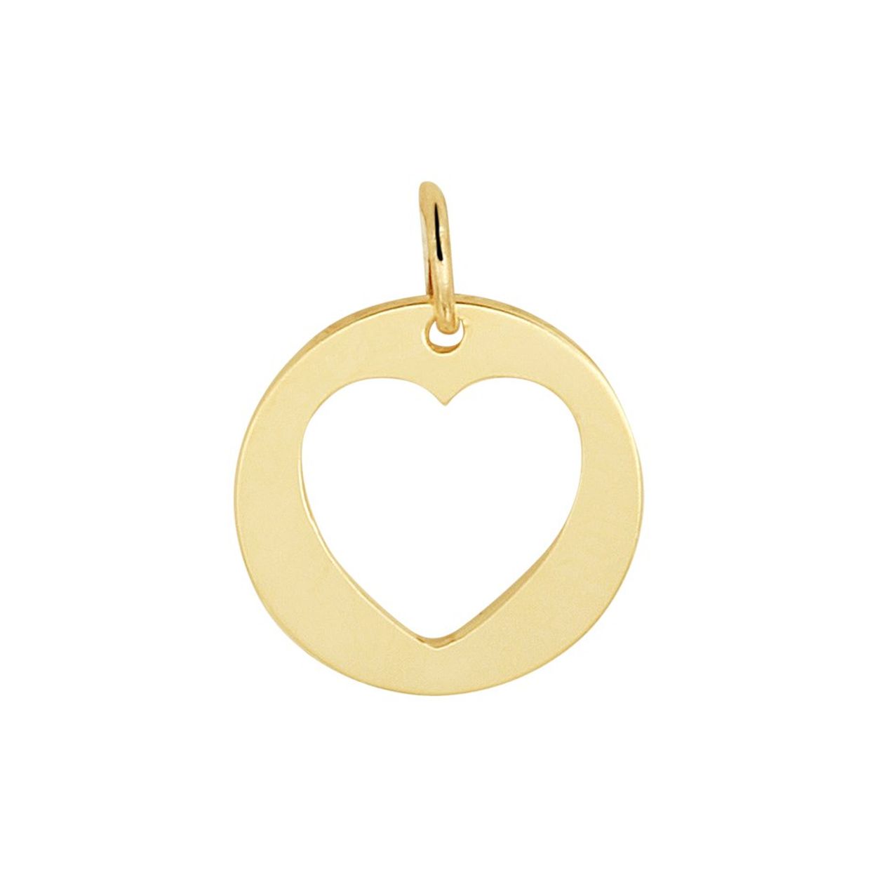 14k Geelgouden ronde hanger met een hartjes voorstelling. De hanger heeft een diameter van 10mm.