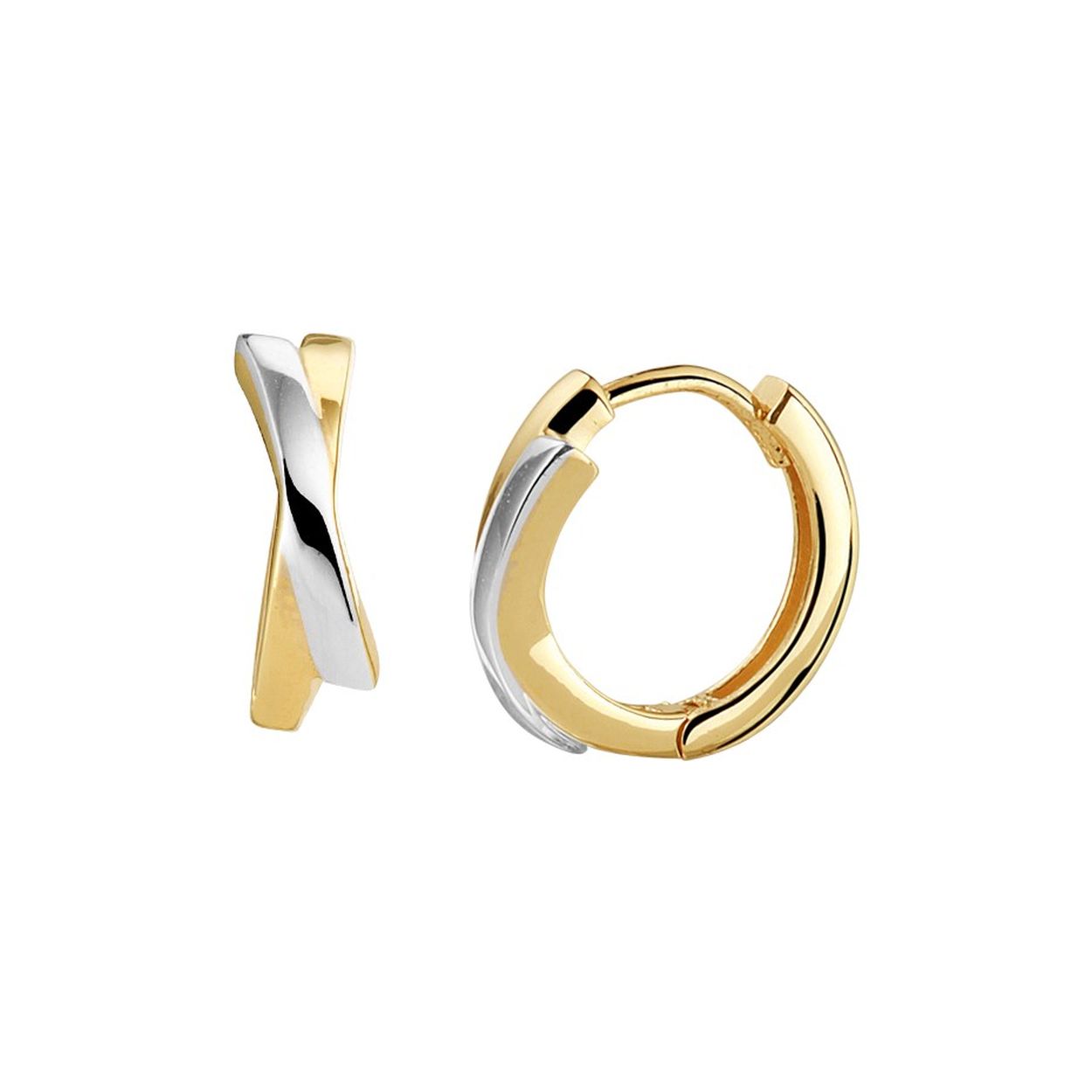 Bicolor geel- en witgoud gestifte klapoorringen. De oorringen hebben een afmeting van 12x4mm.