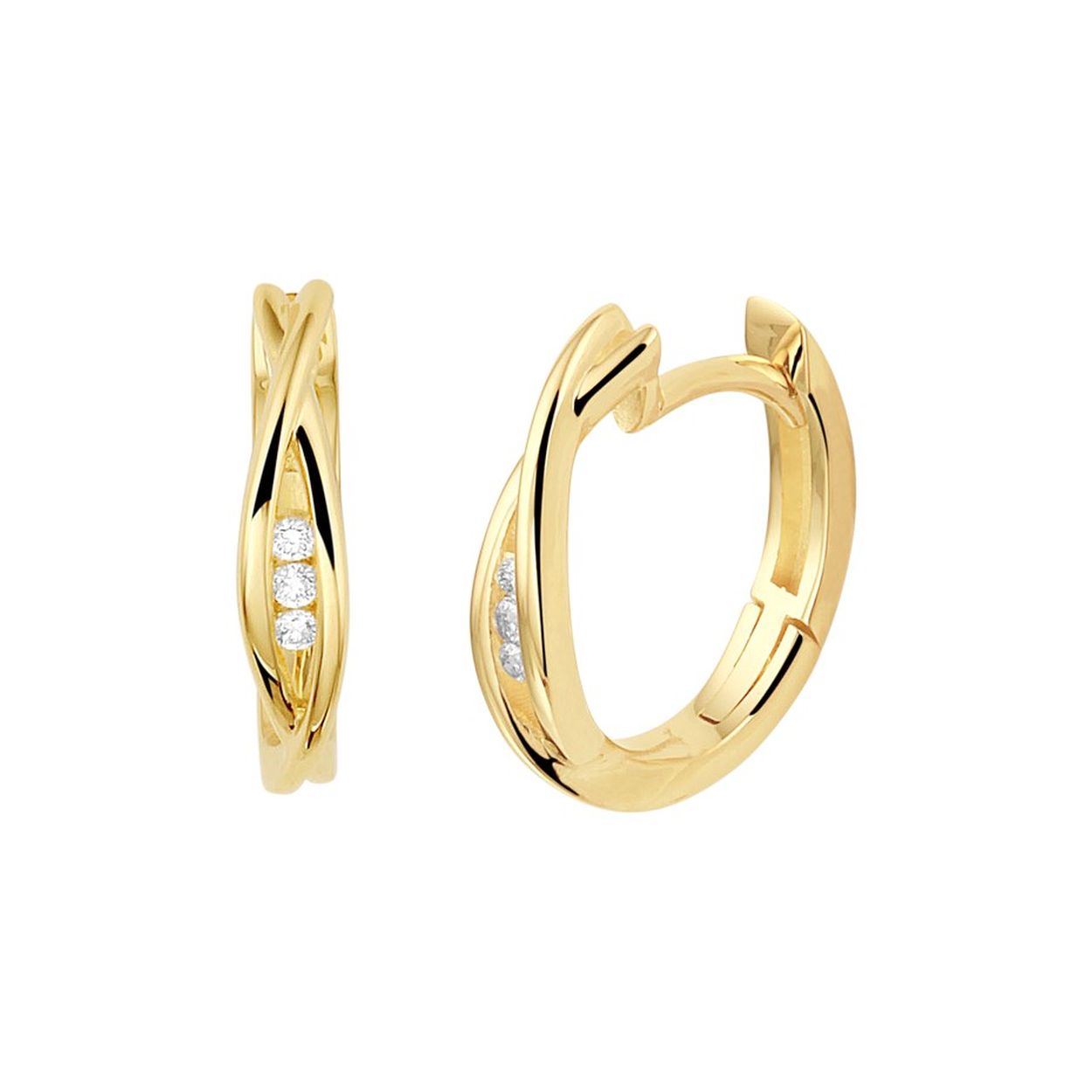 14k Geelgouden klapoorringen uitgevoerd met een schitterende diamant rij. De oorringen hebben een afmeting van 15.5x3mm.