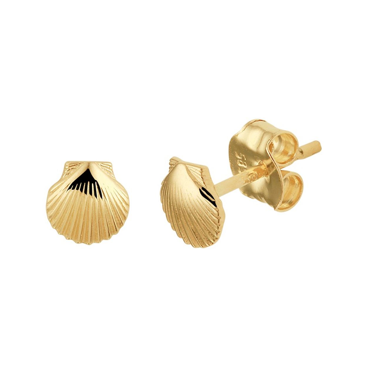14k Geelgouden oorknoppen in de vorm van een schelp. De oorknoppen hebben een afmeting van 4.5x4.5mm.