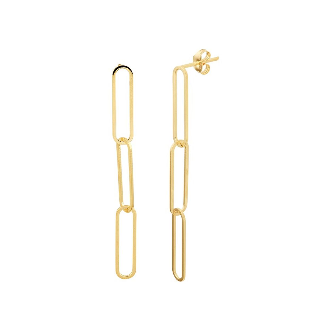 14k Geelgouden oorhangers in schakelvorm. De oorhangers hebben een totale hoogte van 4.2cm en een breedte van 4mm.