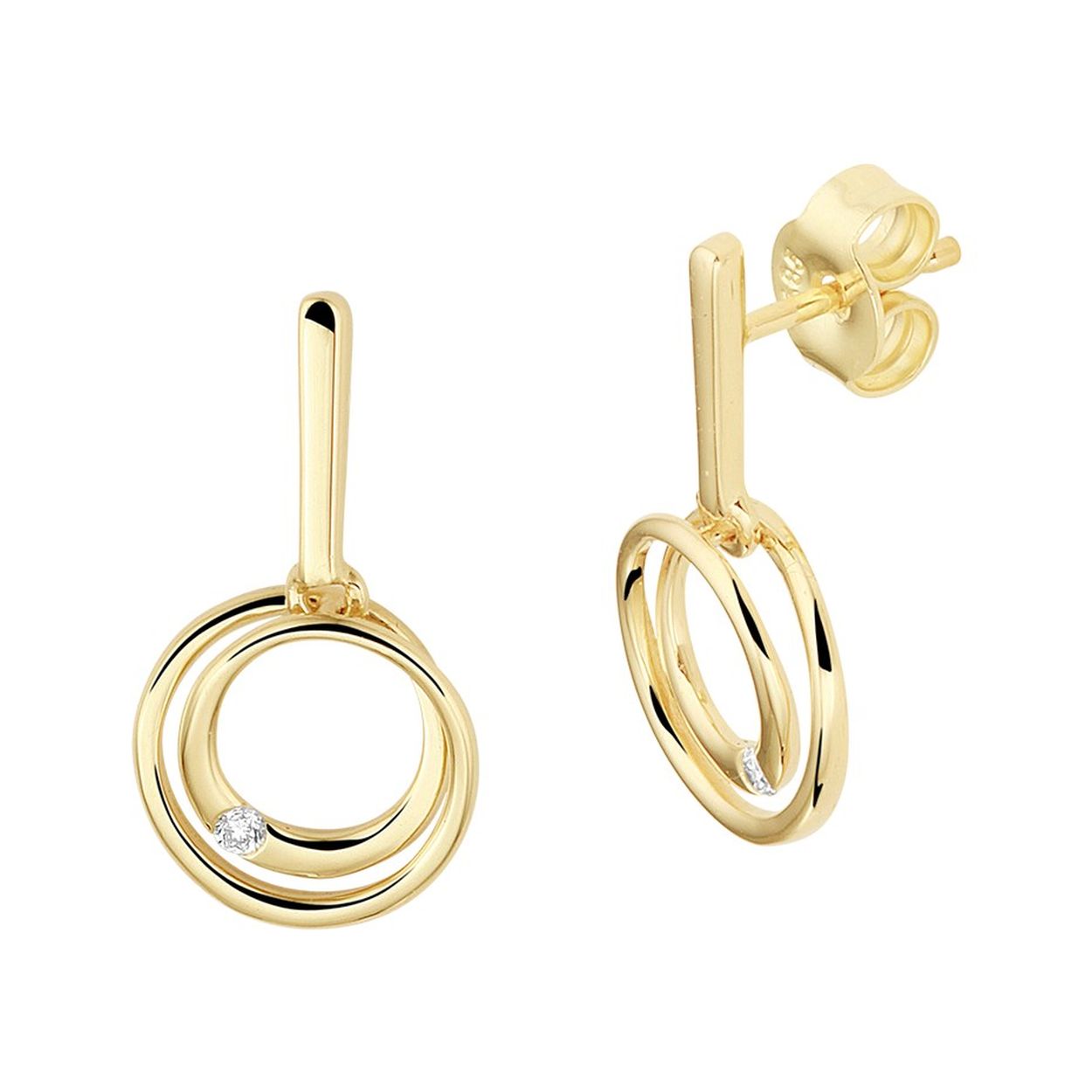 14k Geelgouden ronde oorhangers uitgevoerd met een schitterende diamant. De oorhangers hebben een totale hoogte van 1.9cm en een diameter van 10.5mm.