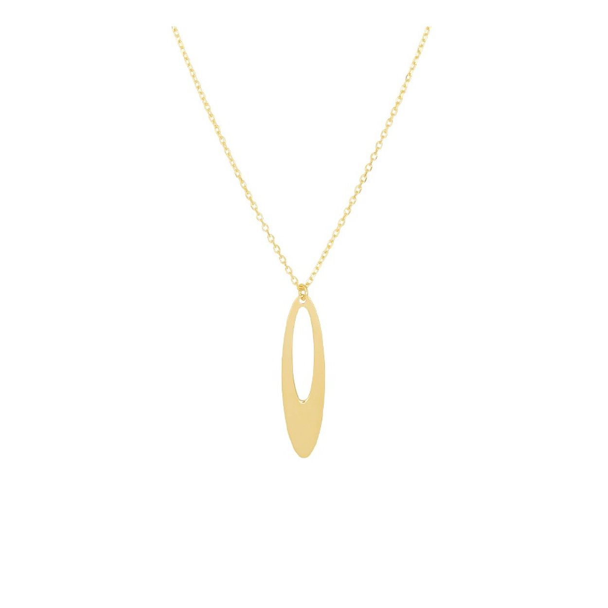 14k Geelgouden collier uitgevoerd met een ovale hanger. Het collier heeft een draaglengte van 41cm met een extensie van 3cm. De hanger heeft een afmeting van 31.5x8mm.