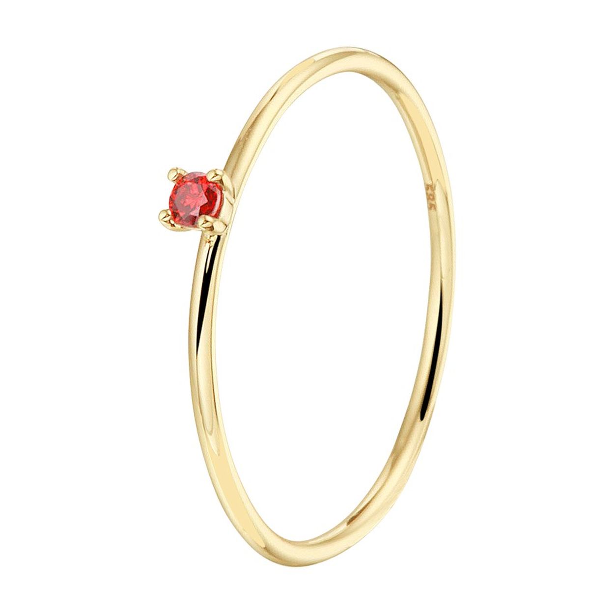 14k Geelgouden aanschuifring uitgevoerd met een schitterende rood zirkonia. De ring heeft een breedte van 2mm.