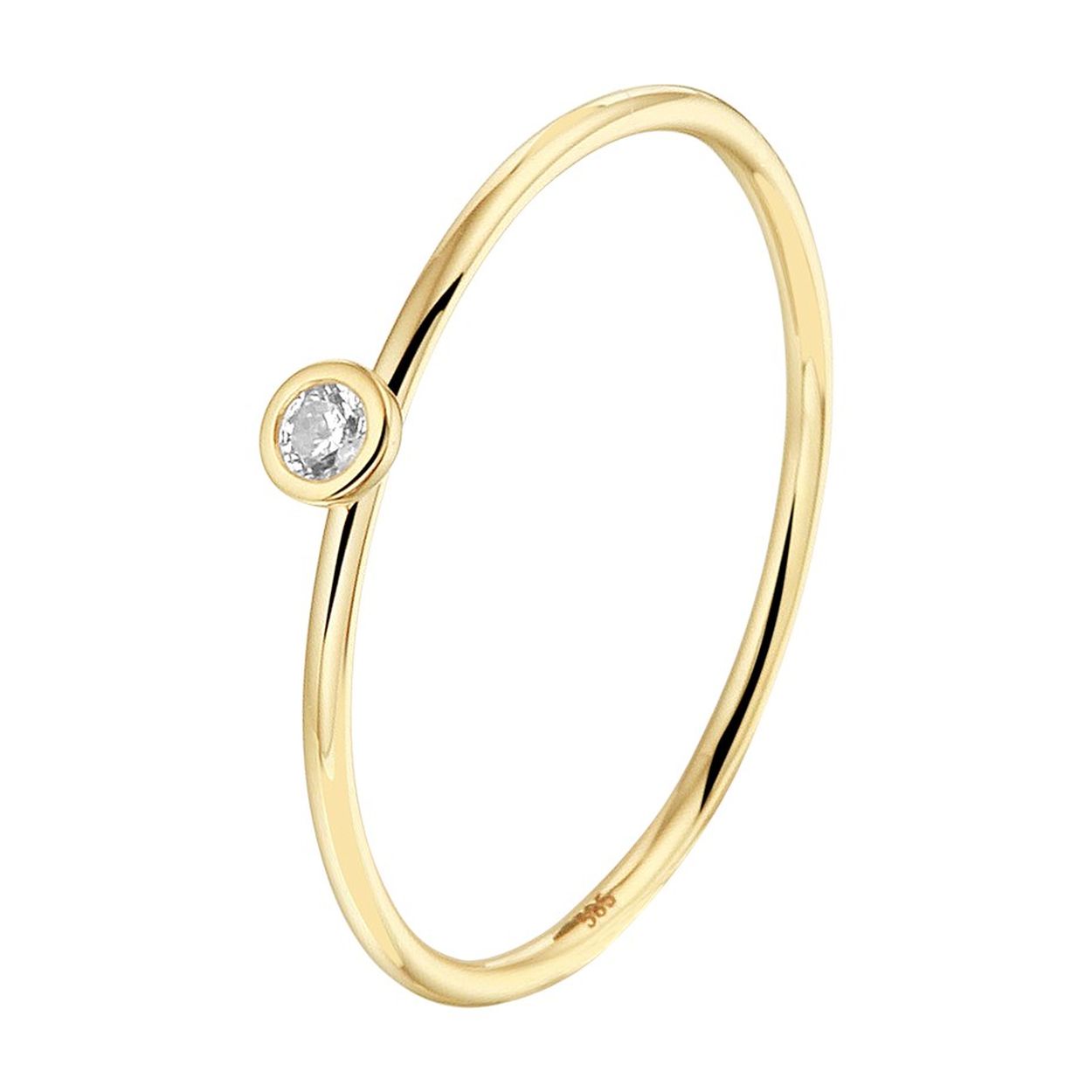 14k Geelgouden aanschuifring uitgevoerd met een heldere zirkonia. De ring heeft een breedte van 3mm.