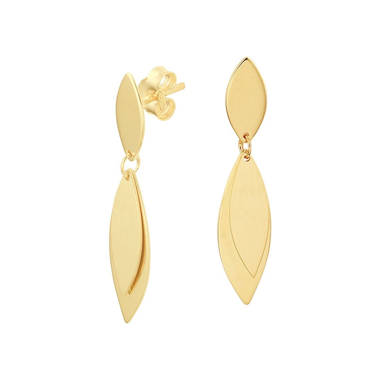 14k Geelgouden oorhangers met een totale hoogte van 3cm en een poli/matte afwerking. De hanger heeft een afmeting van 19x6.5mm.