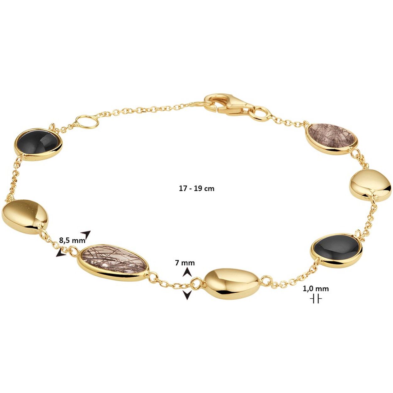 14k Geelgouden armband uitgevoerd met schitterend zwart rutiel en onyx. De armband heeft draaglengtes van 17 en 19cm. Uitgevoerd met een stevige karabijn sluiting.
