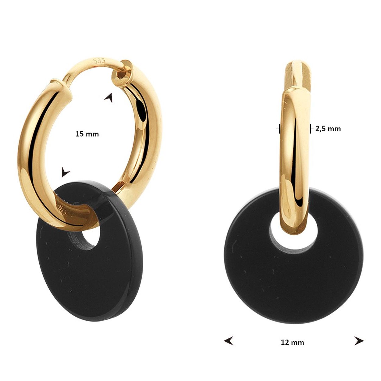 14k Geelgouden klapoorringen uitgevoerd met een schitterende onyx. De steen heeft een diameter van 12mm.