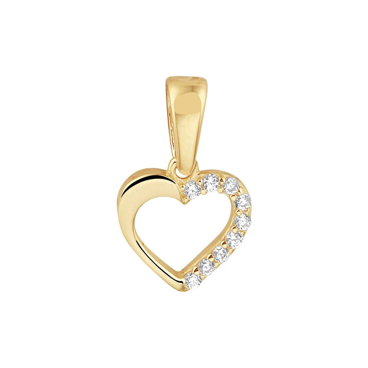 14k Geelgouden hanger in de vorm van een hartje uitgevoerd met een schitterende zirkonia rij. De hanger heeft een totale hoogte van 1.4cm en een breedte van 8.5mm.