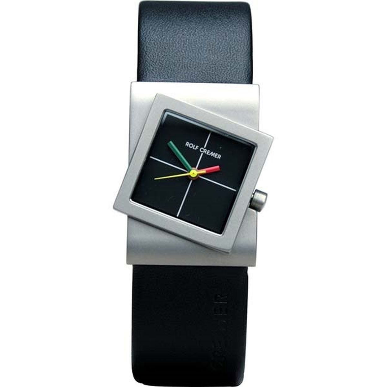 Titanium horloge met zwart leren band
Rolf Cremer vorm horloge vierkant leer