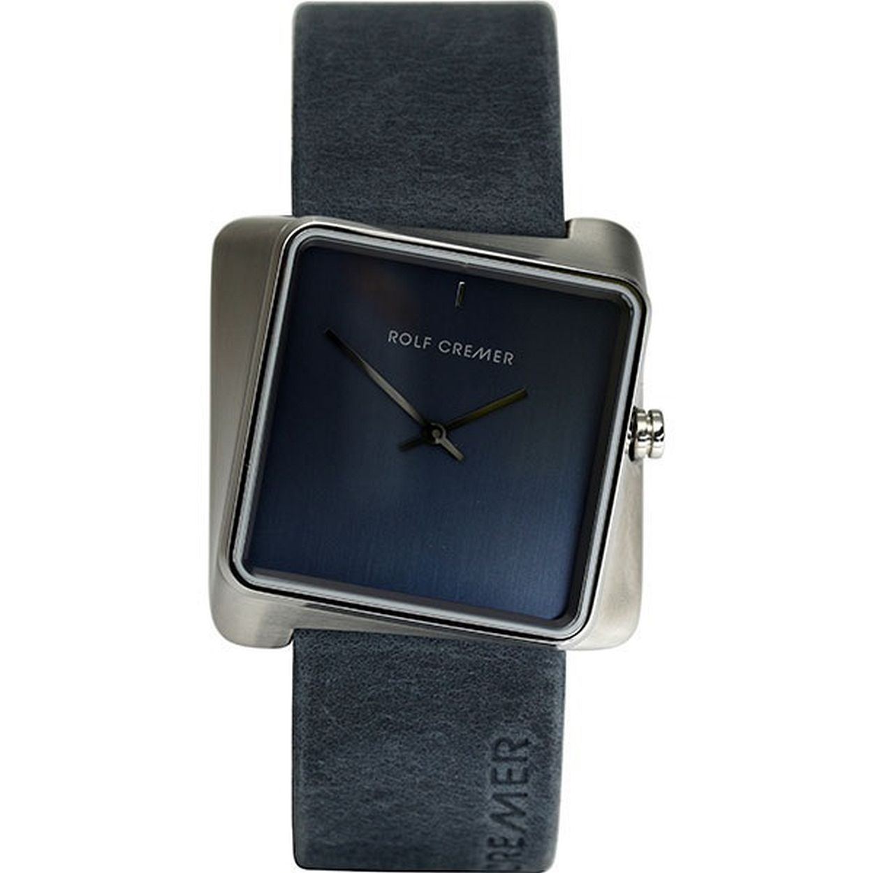 Een stalen horloge met blauw leren band.