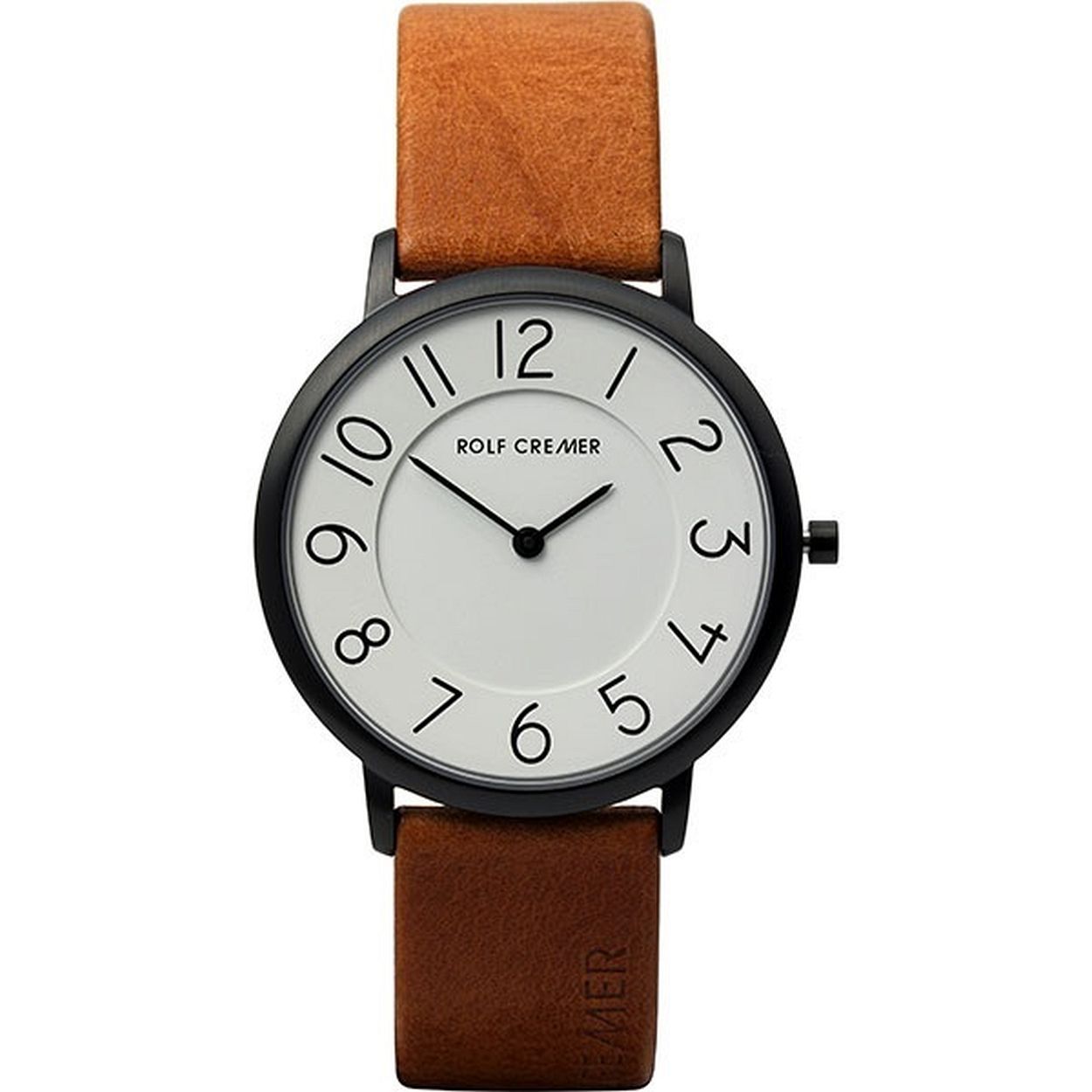 Een stalen horloge met bruin leren band.