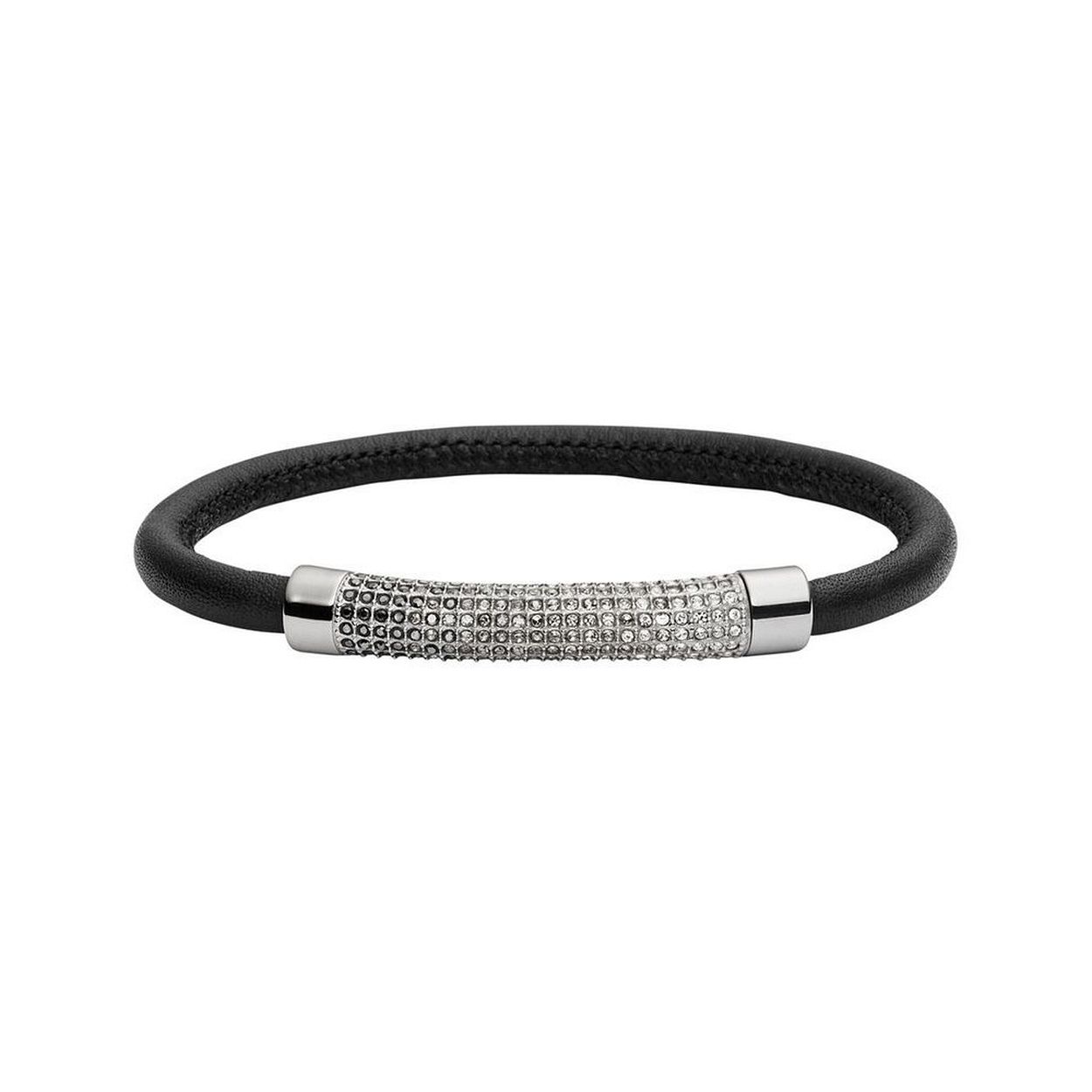 Dames armband zwart leer 19cm bewerkt met zirkonia