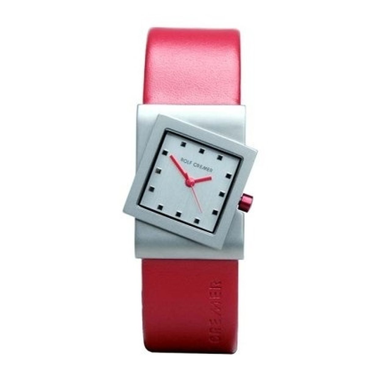 Een titanium horloge met rood leren band