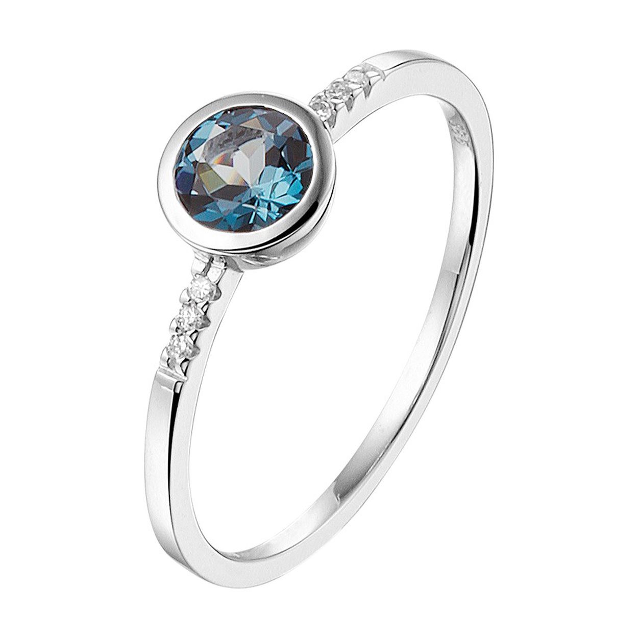 14 karaat witgouden damesring met een blauwe topaas en briljantjes aan beide kanten gezet.  -totaal 0.025 crt. serie: 45034

Ringmaat: 17.25 mm (54)
Breedte: 6



Zetting: kastzetting