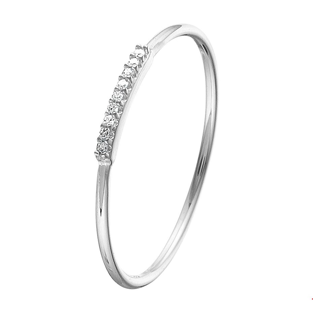 14krt Witgoud Ring Diamant 0.02ct H/P1 
Doelgroep: dames
Ringmaat: 16.50 mm (52)
Breedte: 1.5mm
Zetting: rijzetting
Diamant: 0.02crt H P1