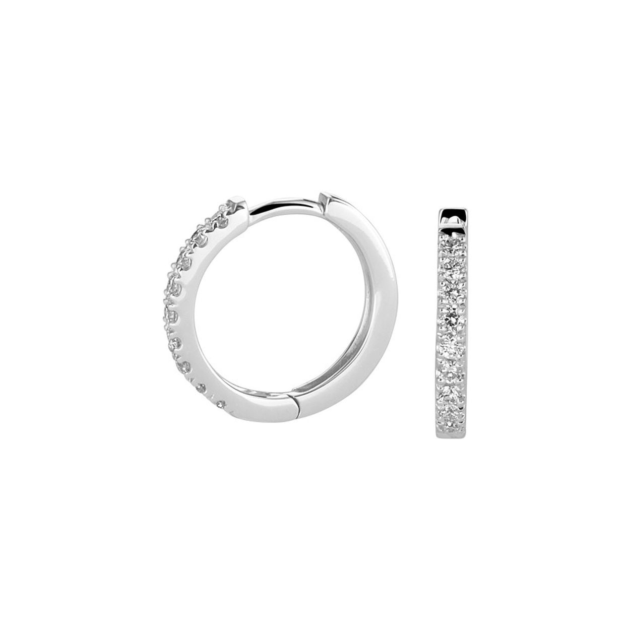 14k Witgouden oorringen met scharnier uitgevoerd met een schitterende diamant rij. De oorringen hebben een afmeting van 12x1.5mm.