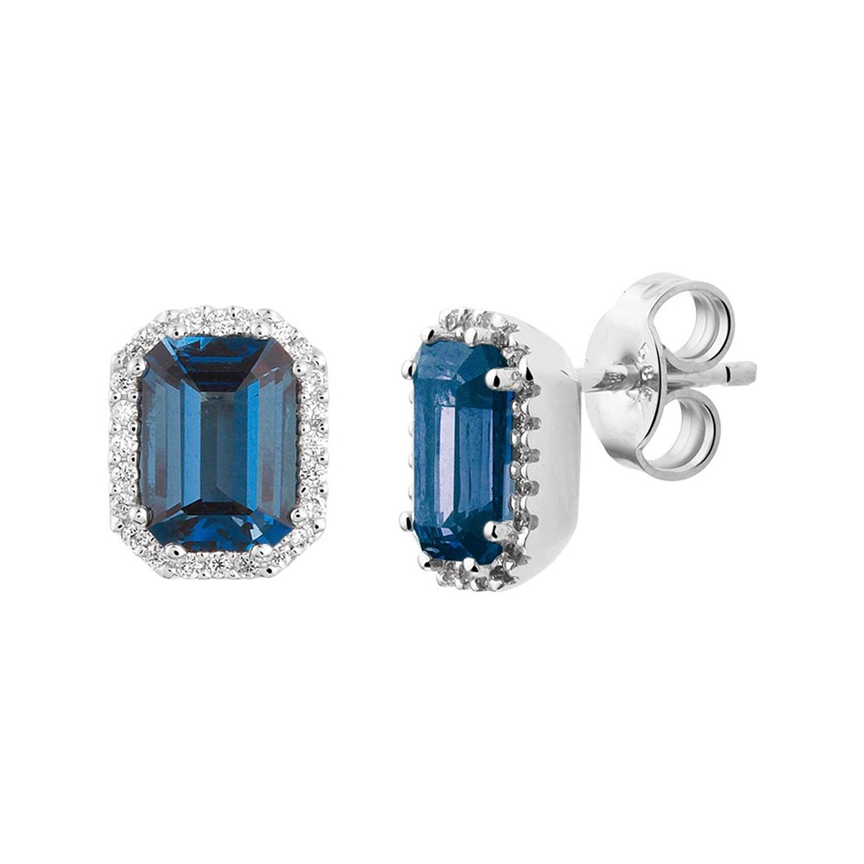 14k Witgouden oorknoppen uitgevoerd met een prachtige London blue topaas en een diamanten rij. De afmeting van de oorknoppen is 9.5x7mm. De steenmaat is 7x5mm.