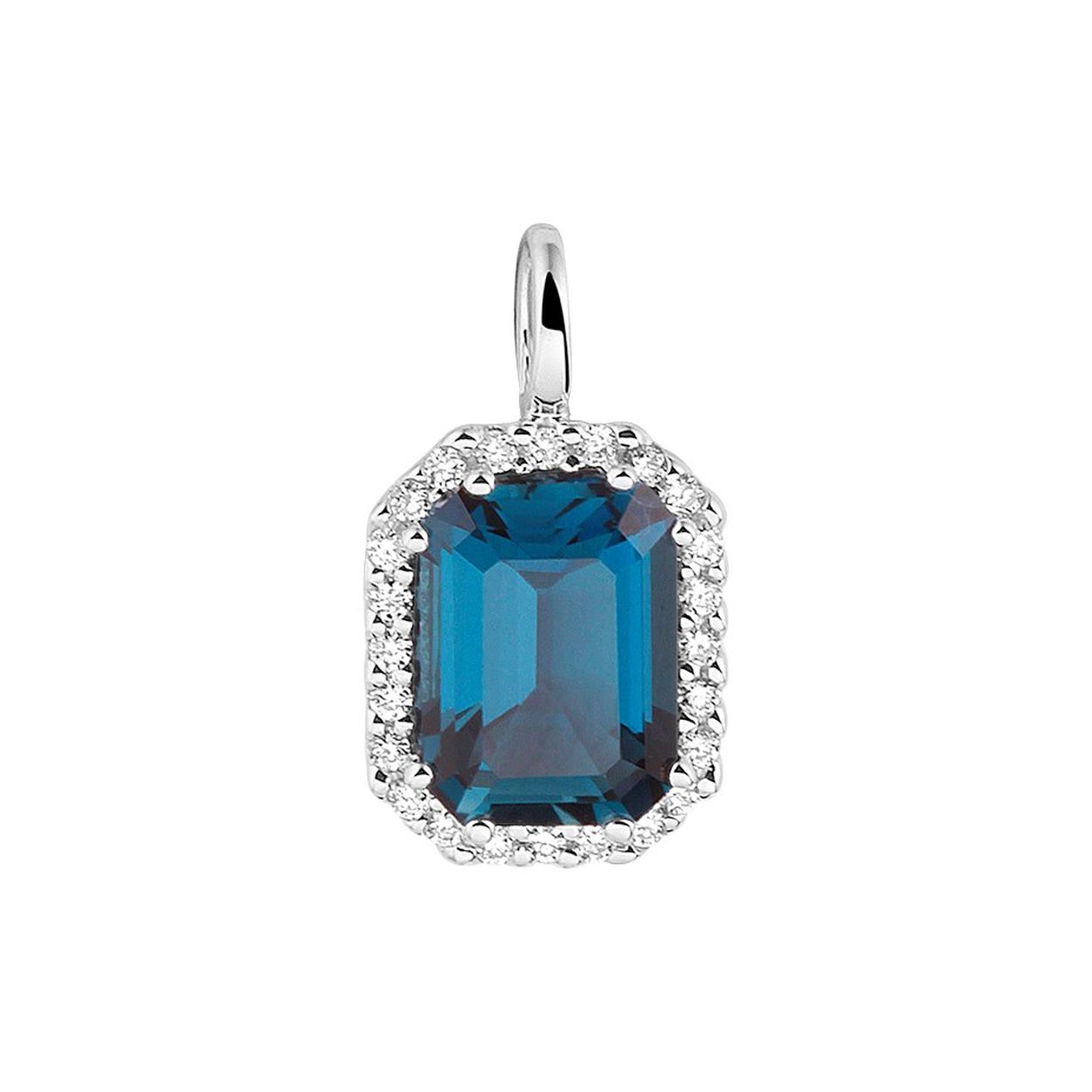 14k Witgouden hanger uitgevoerd met een schitterende London blue topaas en een diamant rij. De hanger heeft een afmeting van 14,5x8,5mm. De steenmaat is 8x6mm.