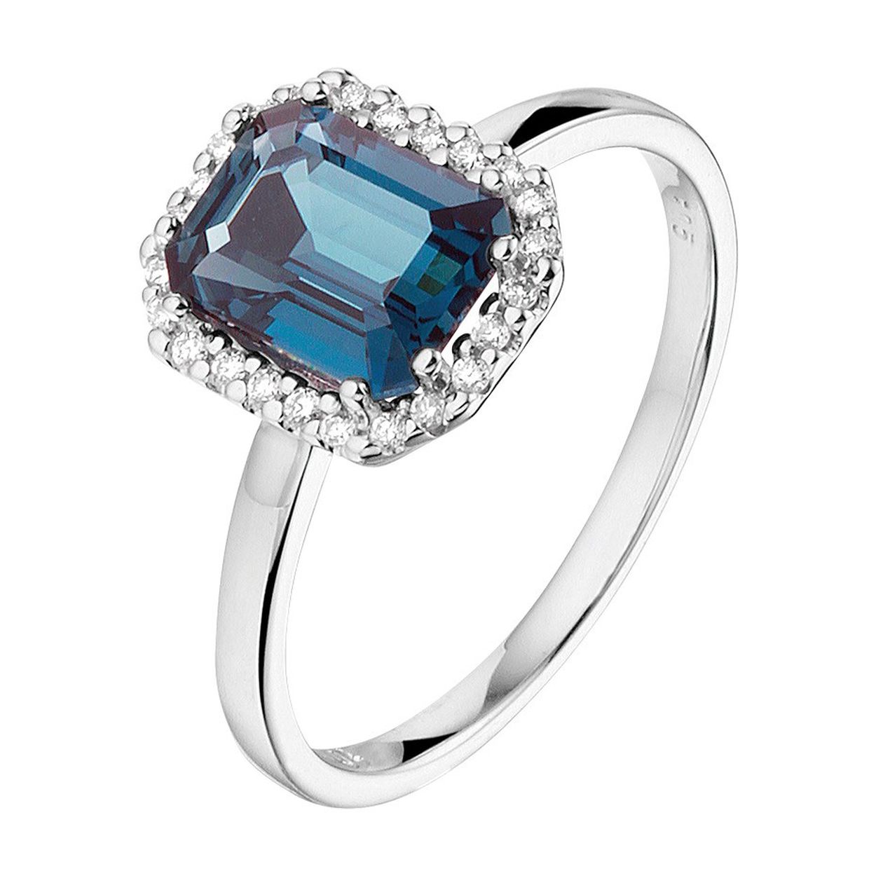 14k Witgouden ring met schitterende London blue topaas en een diamant rij. De ring heeft een breedte van 9mm en een steenmaat van 8x6mm.